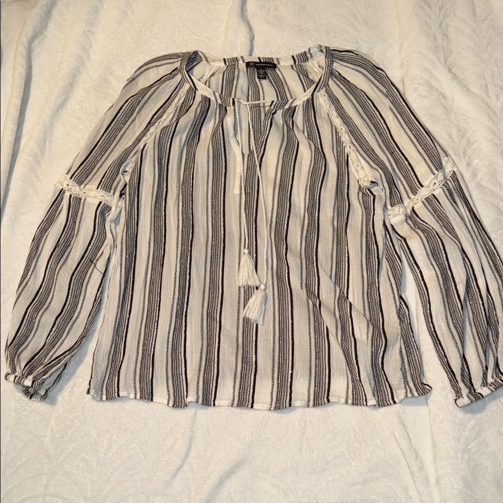 INC International Concepts Black and White Striped Peasant Top